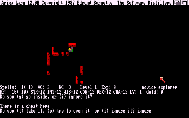 Larn (Amiga) screenshot: Found a chest. Chests can be locked or trapped.
