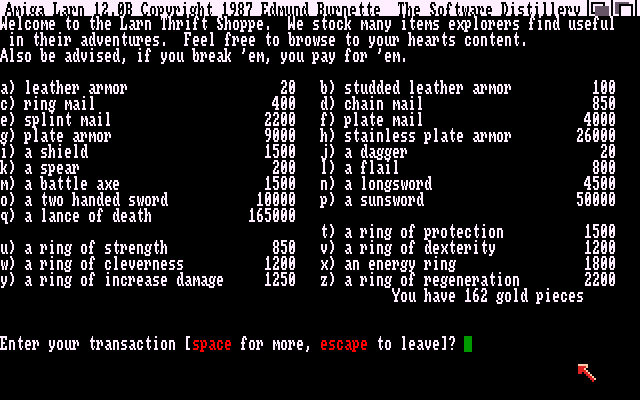 Larn (Amiga) screenshot: Shopping for new gear after gathering gold in the dungeon.