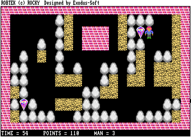 Rocky (Amiga) screenshot: Stuck getting the last two gems.