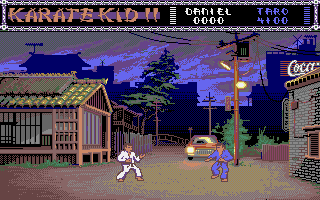 The Karate Kid: Part II - The Computer Game (Amiga) screenshot: Fighting in the streets.