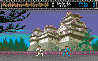 The Karate Kid: Part II - The Computer Game (Amiga) screenshot: Fighting outside a Japanese castle.