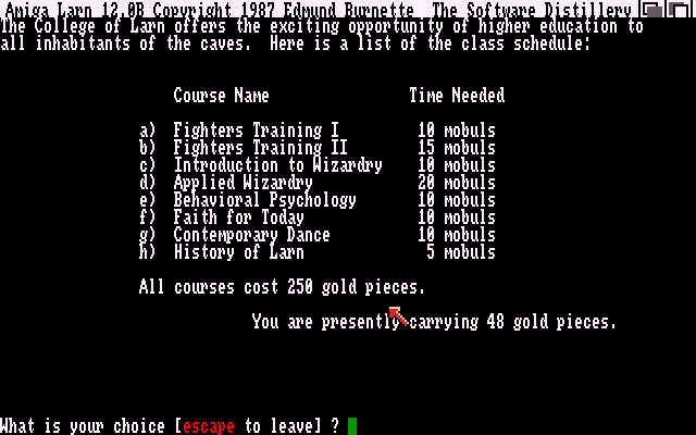 Larn (Amiga) screenshot: Getting some training.