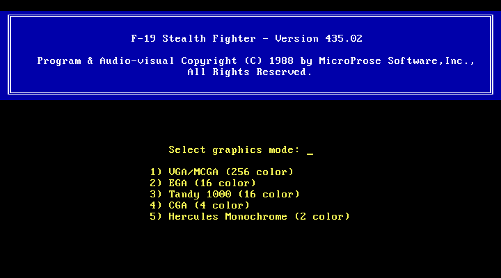 F-19 Stealth Fighter (DOS) screenshot: Select Menu (Version 435.02)