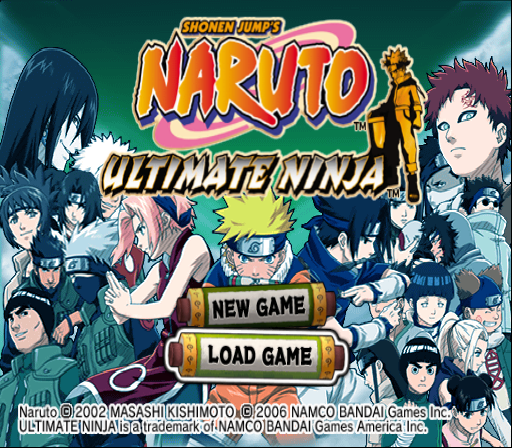 Naruto: Ultimate Ninja (PlayStation 2) screenshot: Title screen with main menu.