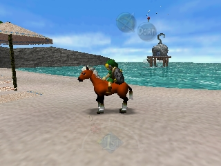 The Legend of Zelda: Majora's Mask (Nintendo 64) screenshot: Just chillin' with my horsie on the beach. I deserve a vacation, guys, what with all this time-shifting stuff