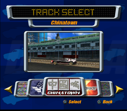 Destruction Derby: Arenas (PlayStation 2) screenshot: Course selection (Wrecking Racing Mode).