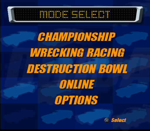 Destruction Derby: Arenas (PlayStation 2) screenshot: Menu screen.