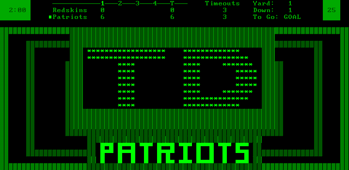 NFL Challenge (DOS) screenshot: Patriots score a touchdown! (Monochrome display)