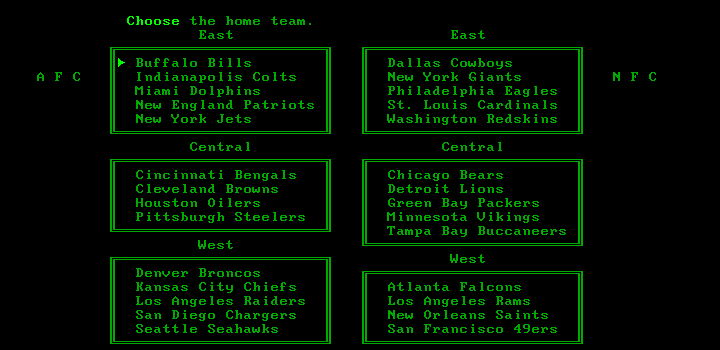 NFL Challenge (DOS) screenshot: Selecting teams (Monochrome display)