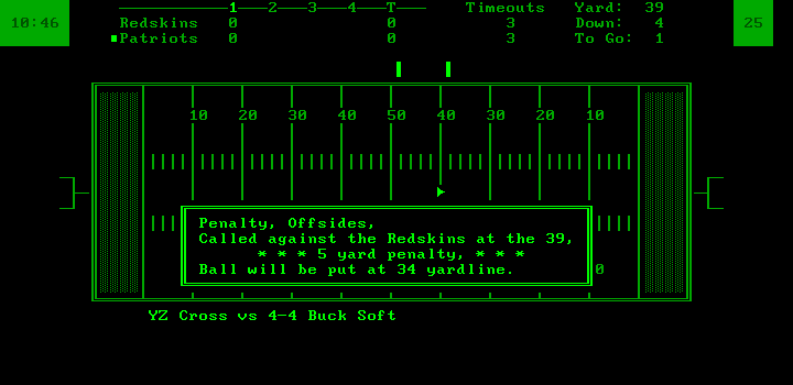 NFL Challenge (DOS) screenshot: A penalty has been called (Monochrome display)