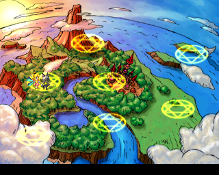 Sorcerer's Maze (PlayStation) screenshot: The world you're out to save. All the magic symbols contain 9 stages and a boss.