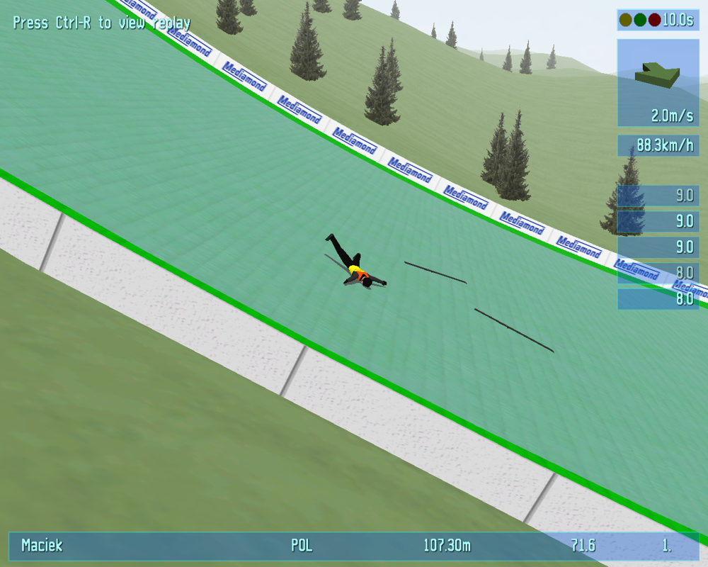 Deluxe Ski Jump 3 (Windows) screenshot: Jumper acts like a rubber doll after falling. :)