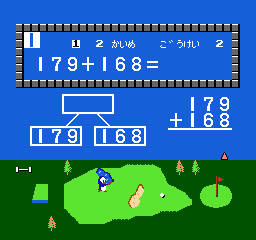Sansū 2-nen: Keisan Game (NES) screenshot: Solve the math problem in order for the shot to count