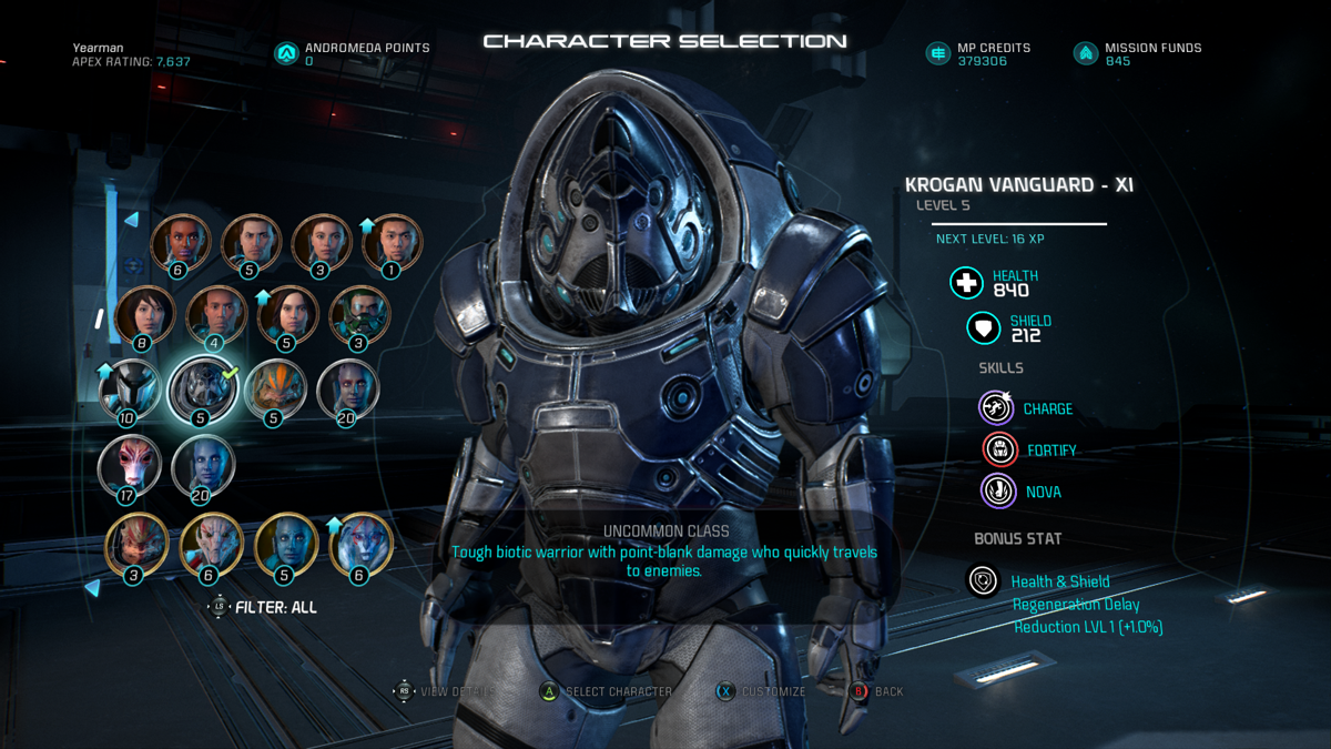 Mass Effect: Andromeda - Krogan Vanguard Multiplayer Recruit Pack (Xbox One) screenshot: Selecting the Krogan for my next mission.