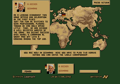 Lin Wu's Challenge (Atari ST) screenshot: H. Becker from Germany is your first opponent