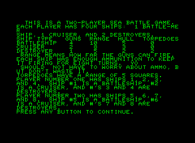 Sea Battle (Commodore PET/CBM) screenshot: Instructions...
