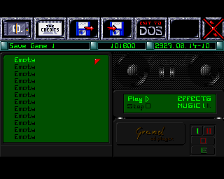 Reunion (Amiga) screenshot: Load / Save game menu. (AGA)