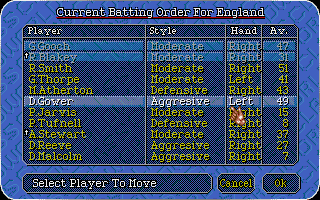 Allan Border's Cricket (Atari ST) screenshot: Current batting order