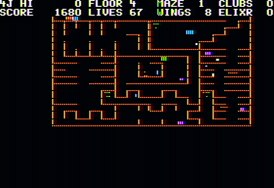 Minotaur (Apple II) screenshot: Using wings to fly and the view gets zoomed out