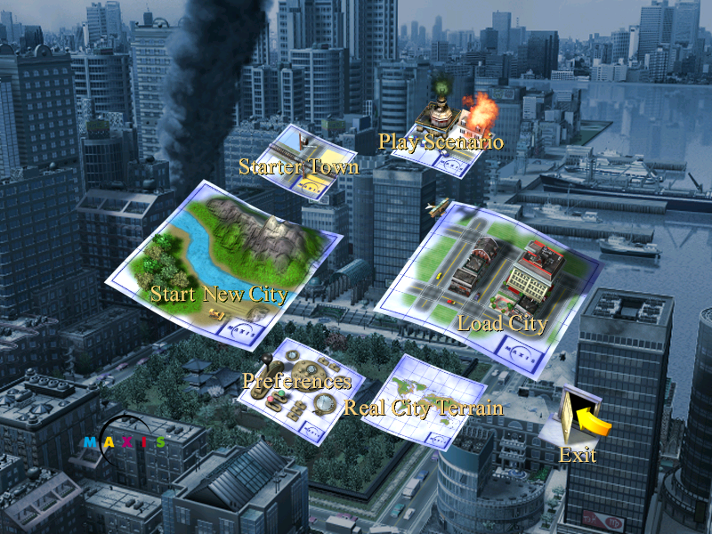SimCity 3000 Unlimited (Windows) screenshot: Main menu with a new background