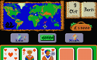In 80 Days Around the World (Atari ST) screenshot: Playing a simple card game of guess higher or lower
