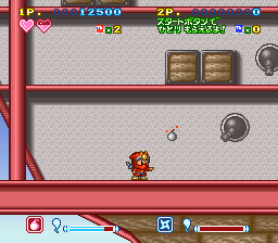 Super Ninja-kun (SNES) screenshot: Tossing bombs at a turret