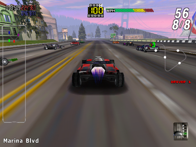 San Francisco Rush 2049: Special Edition (Arcade) screenshot: Arcade gameplay screen