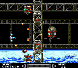 Rayxanber II (TurboGrafx CD) screenshot: Note the rotating red power-up at the bottom of the screen