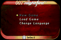 007: Nightfire (Game Boy Advance) screenshot: Main menu with some basic options.