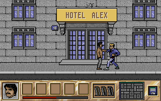 Crime Does Not Pay (Atari ST) screenshot: Georgio was attacked near Hotel Alex