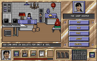 Crime Does Not Pay (Atari ST) screenshot: Xu is talking to the Shop Keeper