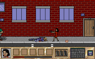 Crime Does Not Pay (Atari ST) screenshot: Irene shoots a bandit