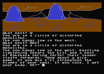 Jewels of Darkness (Atari 8-bit) screenshot: Dungeon Adventure: at the monoliths, the Rakshasa wants me to play a dangerous game