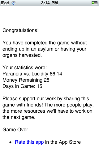 Paranoia (iPhone) screenshot: End-of-game stats.