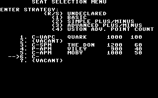 Ken Uston's Professional Blackjack (Commodore 64) screenshot: Setting up players and assigning strategies for each