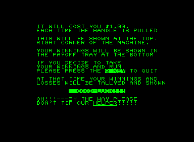 Slot Machine (Commodore PET/CBM) screenshot: Instructions