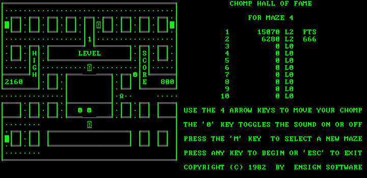 Chomps (DOS) screenshot: Maze 4; the monsters display as inverse after the player eats a power dot (Monochrome display)