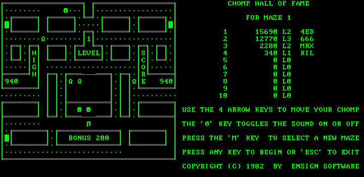 Chomps (DOS) screenshot: Collecting dots in maze 1 (Monochrome display)