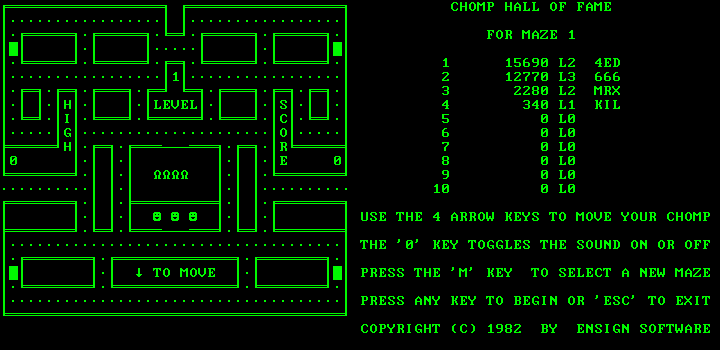 Chomps (DOS) screenshot: Starting the first maze (Monochrome display)