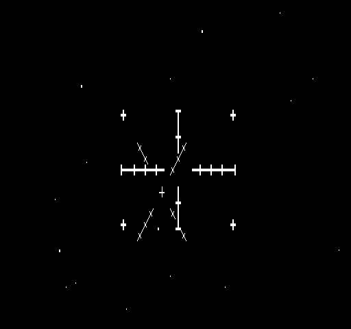 Grotnik Wars (Exidy Sorcerer) screenshot: The X means a fighter is behind you