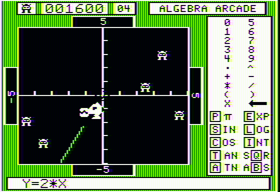 Algebra Arcade (Apple II) screenshot: The Graph Gobbler appears after hitting the ghost