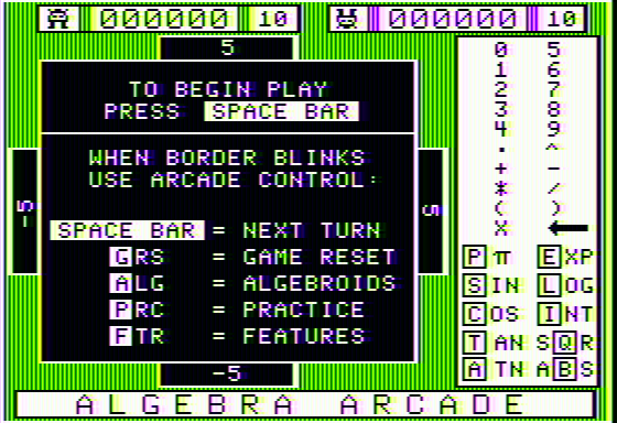 Algebra Arcade (Apple II) screenshot: In-game menu