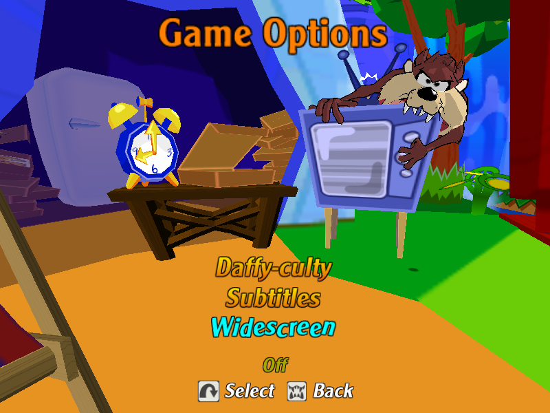 Taz: Wanted (Windows) screenshot: The Options Menu. There's even a widescreen mode.