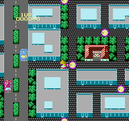 Onyanko Town (NES) screenshot: Cars on the road