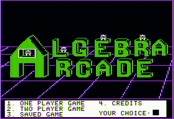 Algebra Arcade (Apple II) screenshot: Title screen/Main menu