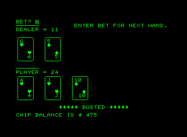 Bjack (Commodore PET/CBM) screenshot: Busted!