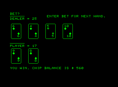 Bjack (Commodore PET/CBM) screenshot: Dealer busted