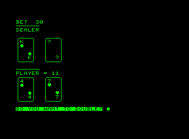 Bjack (Commodore PET/CBM) screenshot: Option to double.