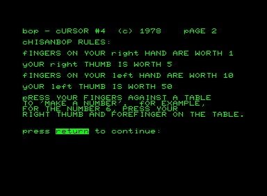 Bop (Commodore PET/CBM) screenshot: The basics behind the system