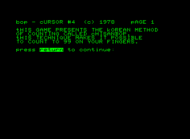 Bop (Commodore PET/CBM) screenshot: Instructions